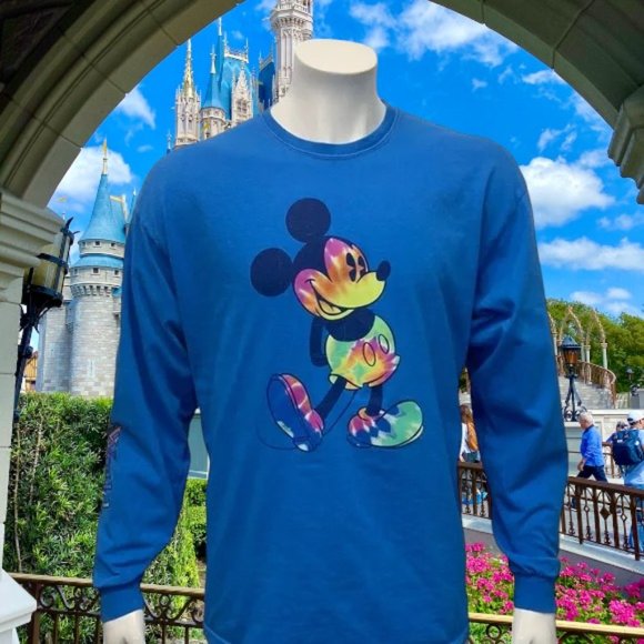 Disney Parks Blue Multi Color Rainbow Mickey Graphic T-Shirt Spellout Sleeve XL - Picture 2 of 11